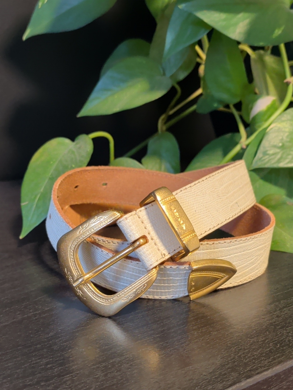 Cream Textured Women's Belt In Genuine Leather with Decorative Gold Buckle M/M